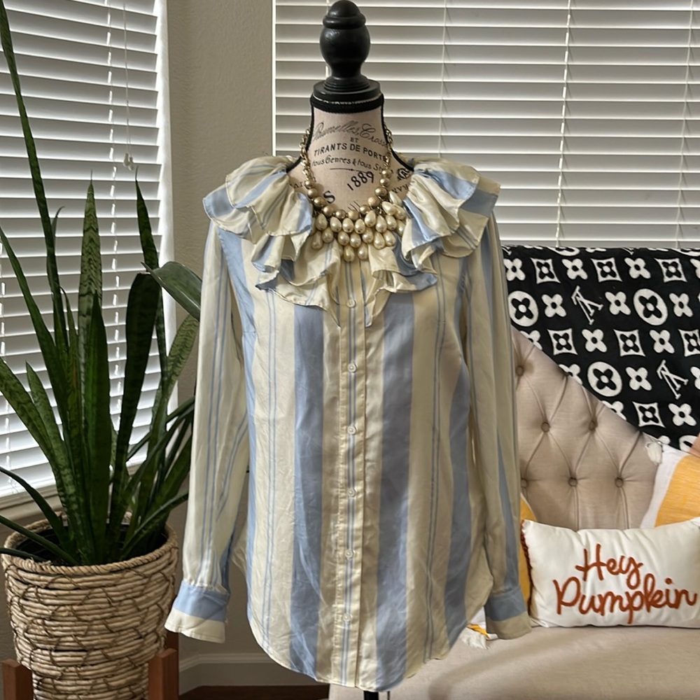 J CREW Collection 100% Silk Striped Blouse Ruffles Size XS Fit up to a S